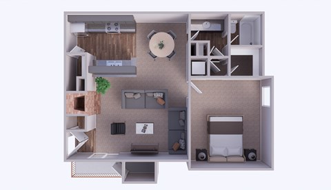 A 3D rendered image of a house layout.